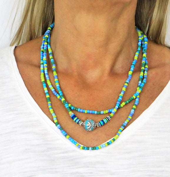 Wrap Bracelet Necklace, Seed Beads Bracelet, Ocean Beads Bracelet, 60 Inch Beaded Necklace