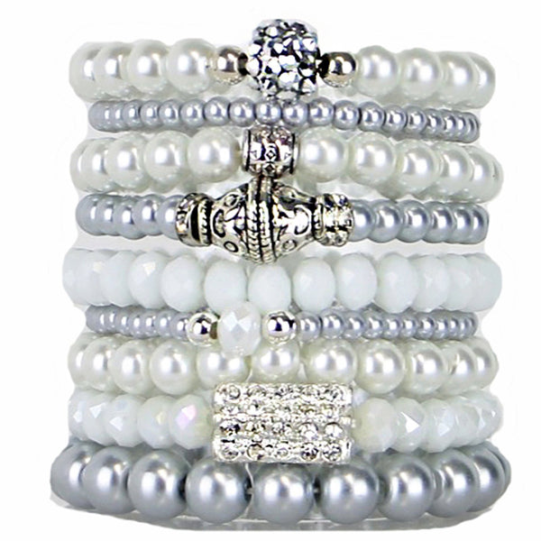 Beaded Bracelets Set of 9 Stretch Bracelets Multi Layer Stunning White and Grey Tones