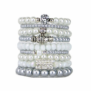 Beaded Bracelets Set of 9 Stretch Bracelets Multi Layer Stunning White and Grey Tones
