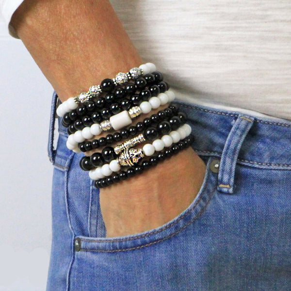 Stacking Bracelets Set of 8 Beaded Stretch Bracelets Classic Black and White Tones