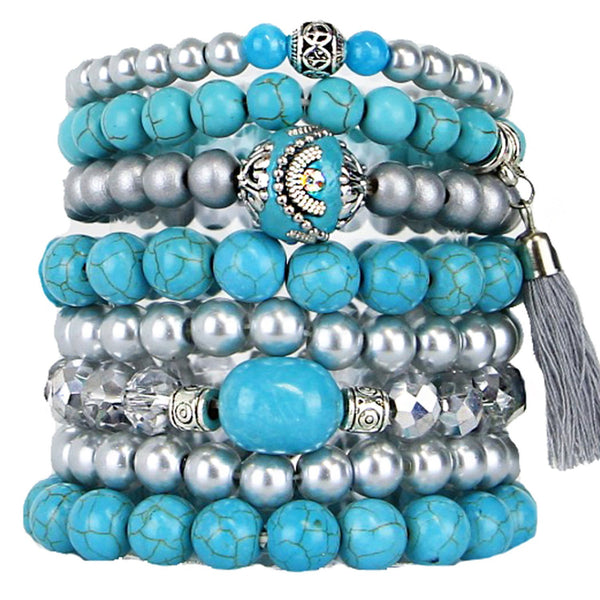 Stacking Bracelets Set of 8 Stretch Beaded Bracelets Bohemian Style with Tassel