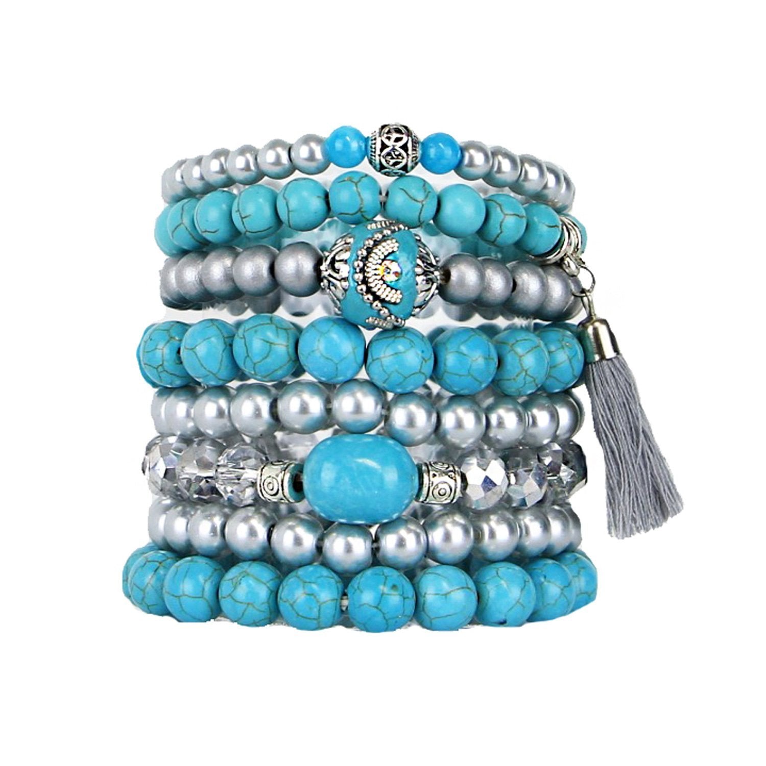 Stacking Bracelets Set of 8 Stretch Beaded Bracelets Bohemian Style with Tassel