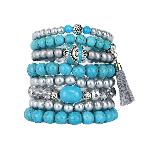 Stacking Bracelets Set of 8 Stretch Beaded Bracelets Bohemian Style with Tassel