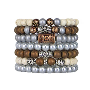 Stacking Bracelets Set of 7 Stretch Beaded Bracelets with Striking Metallic Tones