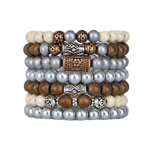 Stacking Bracelets Set of 7 Stretch Beaded Bracelets with Striking Metallic Tones