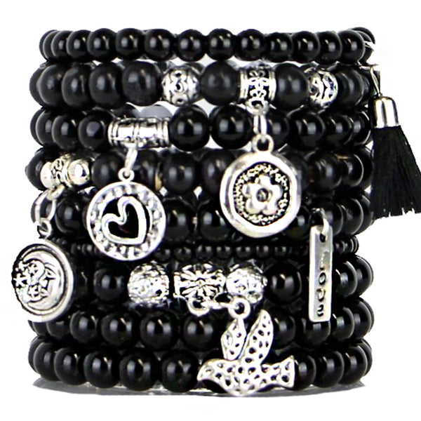 Beaded Bracelets Set of 9 Stretch Bracelets Stack with Silver Tone Charms