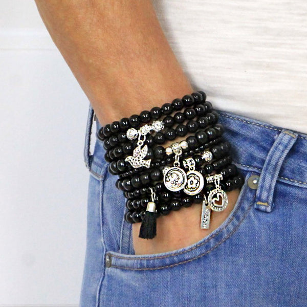 Beaded Bracelets Set of 9 Stretch Bracelets Stack with Silver Tone Charms