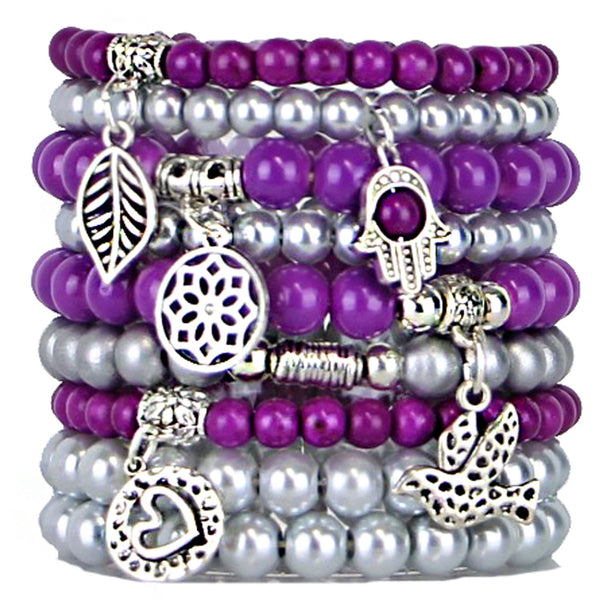 Beaded Bracelets Set of 9 Stretch Bracelets Bohemian Themed