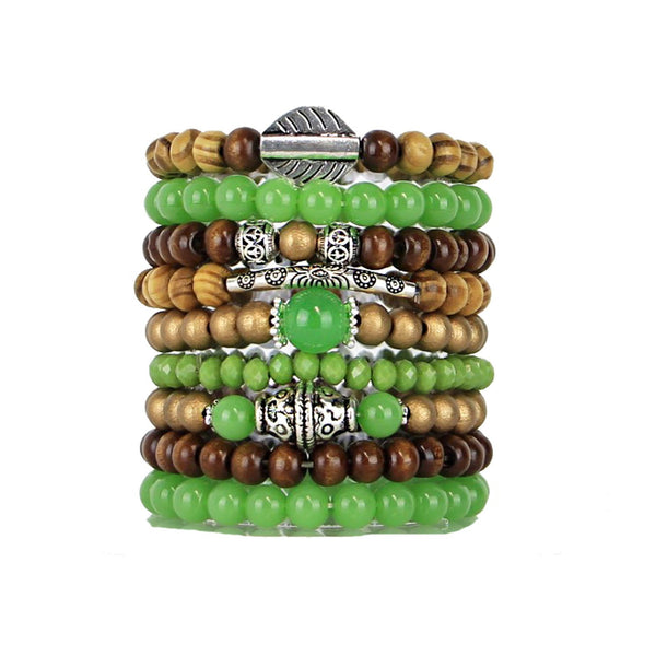 Stacking Bracelets Set of 9 Stretch Beaded Bracelets with Stunning Natural and Green Tones