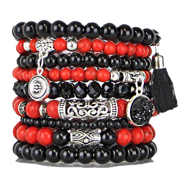 Beaded Bracelets Set of 9 Stretch Bracelets Bohemian Themed