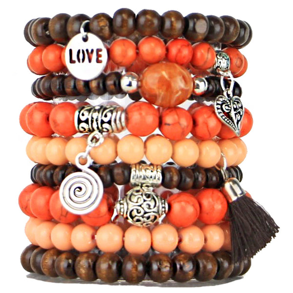 Beaded Bracelets Set of 9 Stretch Bracelets Bohemian Themed