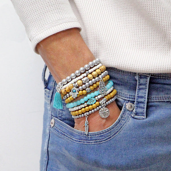 Beaded Bracelets Set of 9 Stretch Bracelets Bohemian Themed
