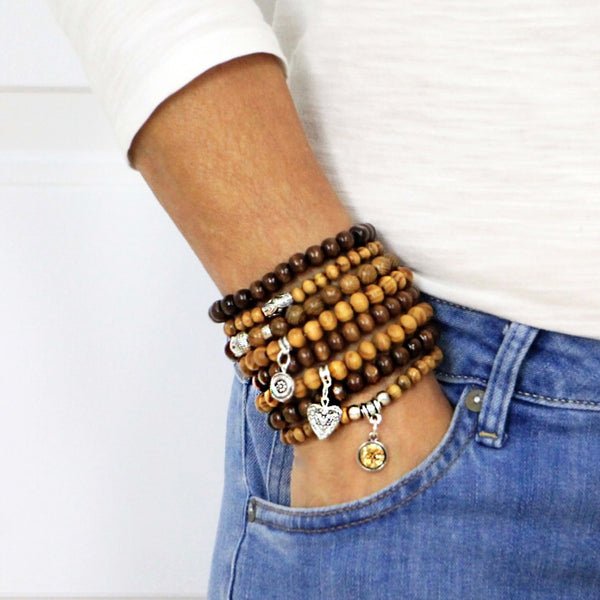 Set of 8 Stretch Beaded Stacking Bracelets with Wood and Metal Alloy Beads
