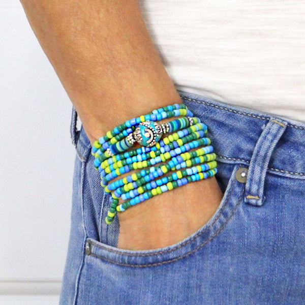 Wrap Bracelet Necklace, Seed Beads Bracelet, Ocean Beads Bracelet, 60 Inch Beaded Necklace