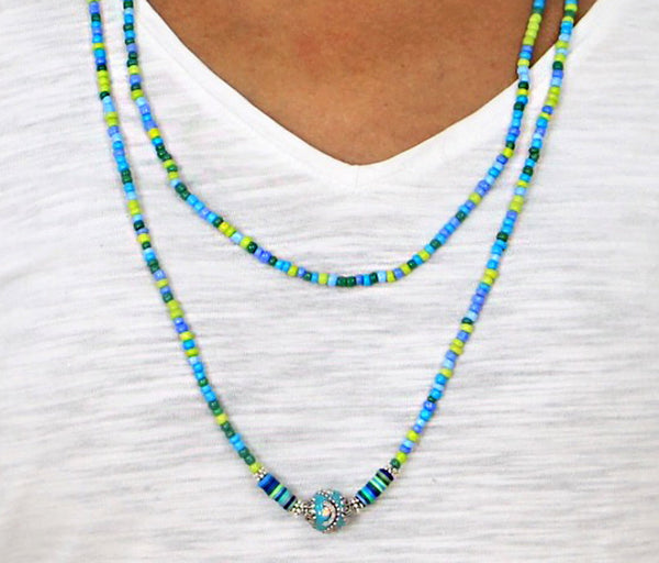Wrap Bracelet Necklace, Seed Beads Bracelet, Ocean Beads Bracelet, 60 Inch Beaded Necklace