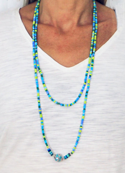 Wrap Bracelet Necklace, Seed Beads Bracelet, Ocean Beads Bracelet, 60 Inch Beaded Necklace