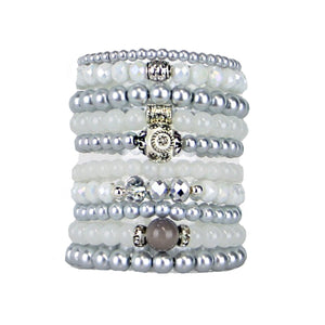 Beaded Bracelets Set of 10 Stretch Bracelets Multi Layer Stunning White and Grey Tones