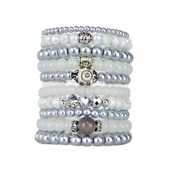 Beaded Bracelets Set of 10 Stretch Bracelets Multi Layer Stunning White and Grey Tones