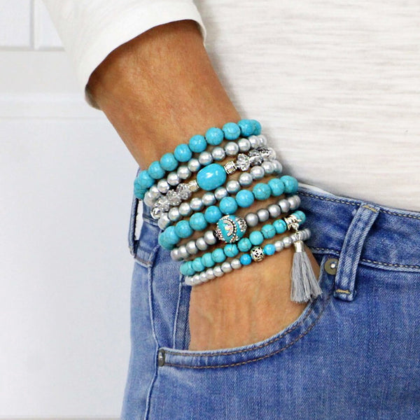 Stacking Bracelets Set of 8 Stretch Beaded Bracelets Bohemian Style with Tassel