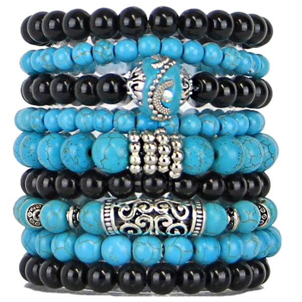 Set of 9 Stretch Stacking Beaded Bracelets in a Striking Turquoise Black Combination