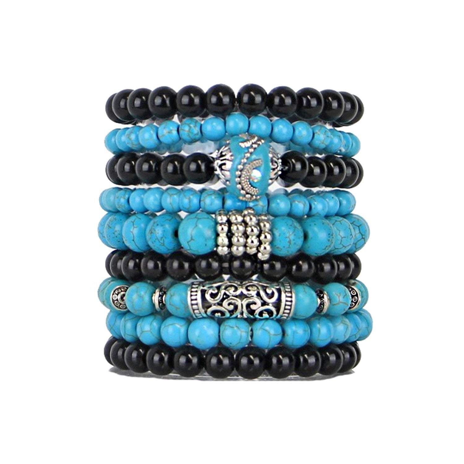 Set of 9 Stretch Stacking Beaded Bracelets in a Striking Turquoise Black Combination
