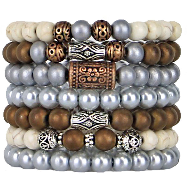 Stacking Bracelets Set of 7 Stretch Beaded Bracelets with Striking Metallic Tones