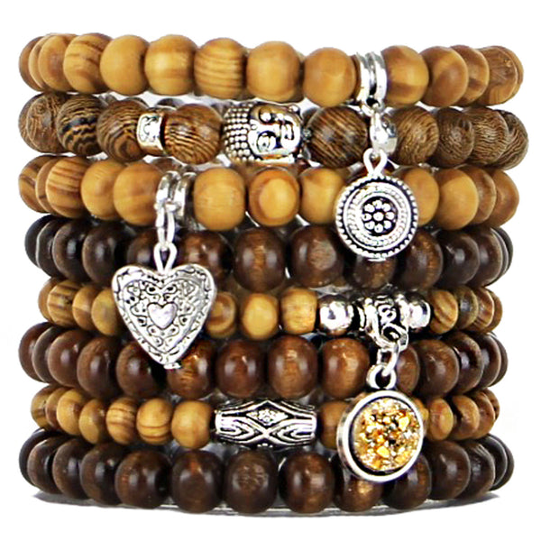 Set of 8 Stretch Beaded Stacking Bracelets with Wood and Metal Alloy Beads