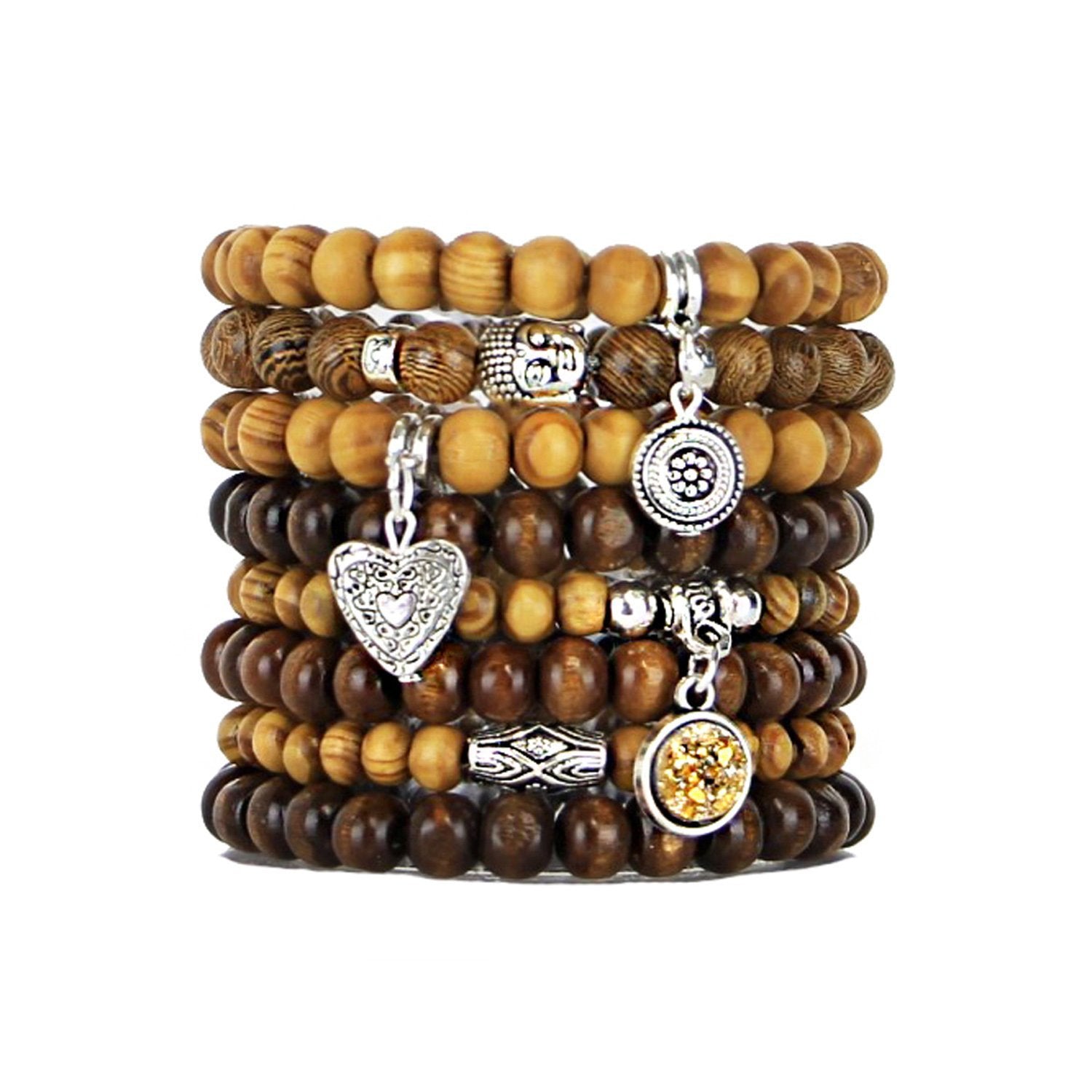 Set of 8 Stretch Beaded Stacking Bracelets with Wood and Metal Alloy Beads