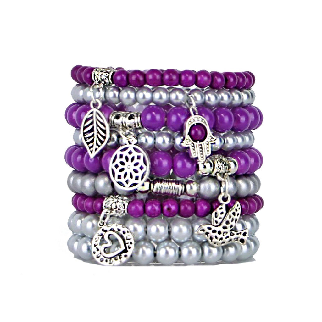 Multi Strand Beaded Stretch Bracelets For Women - Bohemian Stackable Bangle Set, 2.5 Inch, Crystal & Bead Mix