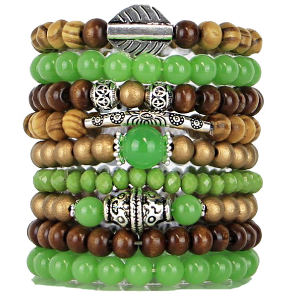 Stacking Bracelets Set of 9 Stretch Beaded Bracelets with Stunning Natural and Green Tones