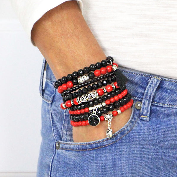 Beaded Bracelets Set of 9 Stretch Bracelets Bohemian Themed