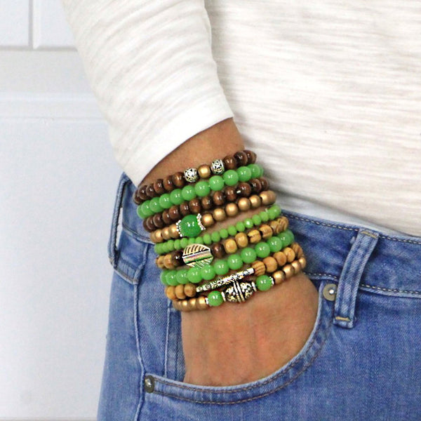 Stacking Bracelets Set of 9 Stretch Beaded Bracelets with Stunning Natural and Green Tones