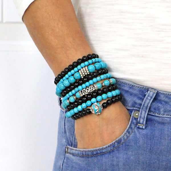 Set of 9 Stretch Stacking Beaded Bracelets in a Striking Turquoise Black Combination