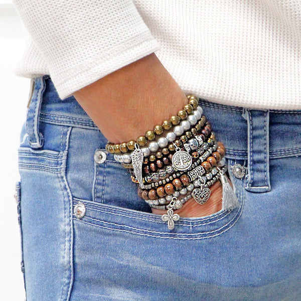 Beaded Bracelets Set of 9 Stretch Bracelets Bohemian Earth Tones Stack