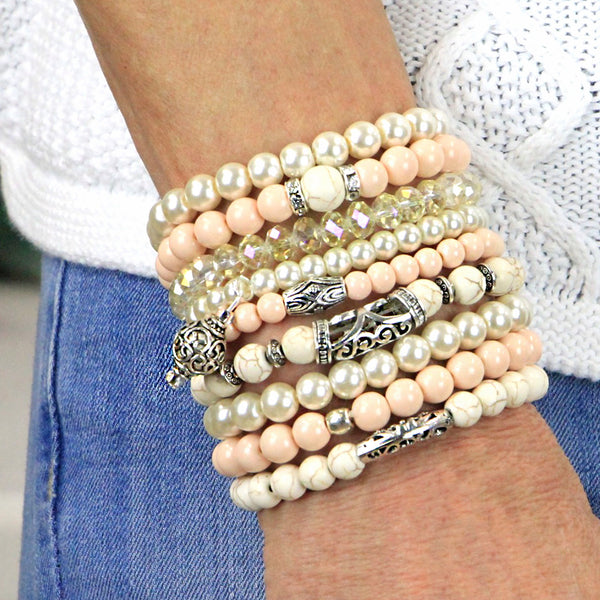 Stacking Bracelets Set of 9 Beaded Bracelets Shades of Cream and Peach