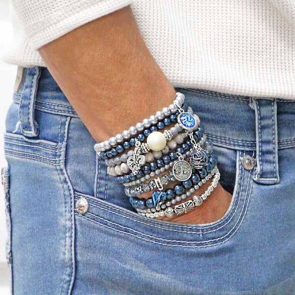 Beaded Bracelets Set of 10 Stretch Bracelets Tones of Denim and Greys Bohemian Themed
