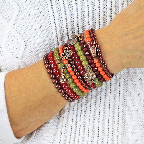 Beaded Bracelets Set of 10 Stretch Bracelets Stack with Copper Tone Charms