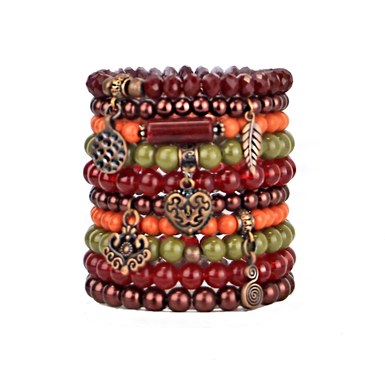 Beaded Bracelets Set of 10 Stretch Bracelets Stack with Copper Tone Charms