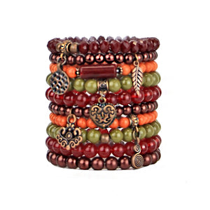 Beaded Bracelets Set of 10 Stretch Bracelets Stack with Copper Tone Charms