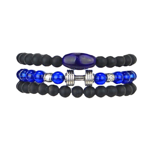 Men's Bracelets Set of 3 Beaded Stretch Bracelets Stack Blues and Black - M2