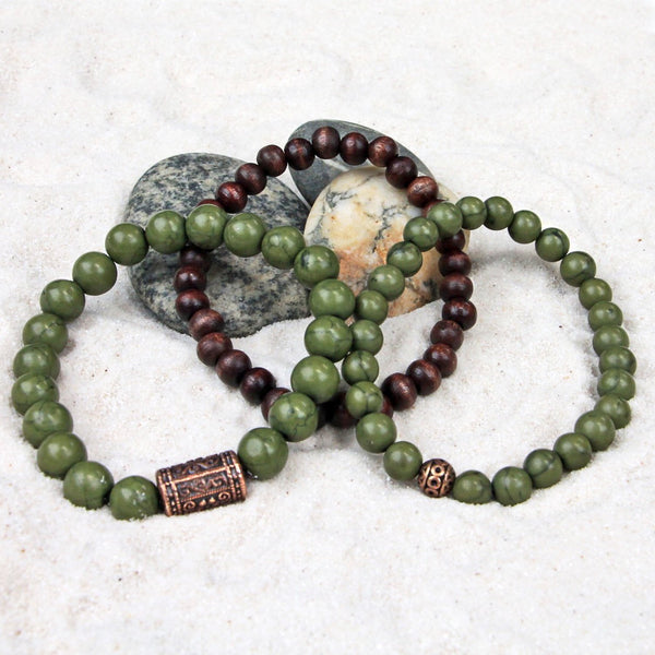 Men's Bracelets Set of 3 Beaded Stretch Bracelets Stack in Natural Tones of Olive, Bronze and Brown - M3