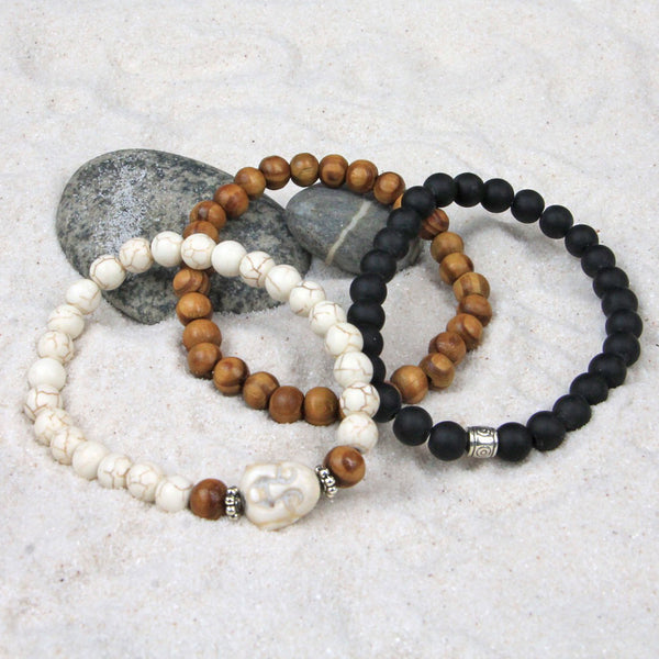 Men's Bracelets Set of 3 Beaded Stretch Bracelets Buddha Yoga Stack - M5