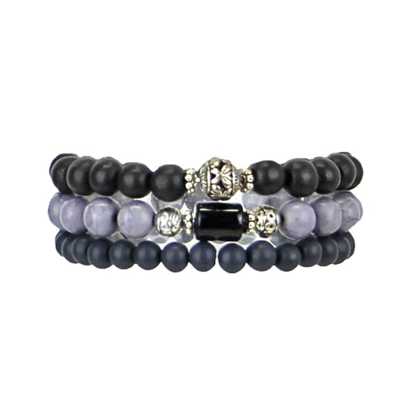 Men's Bracelets Set of 3 Beaded Stretch Bracelets Stack in Muted Grey and Blacks - M12