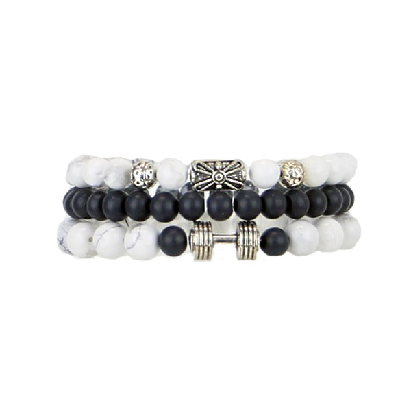 Men's Bracelets Set of 3 Beaded Stretch Bracelets Stack in Marbled White and Greys - M13