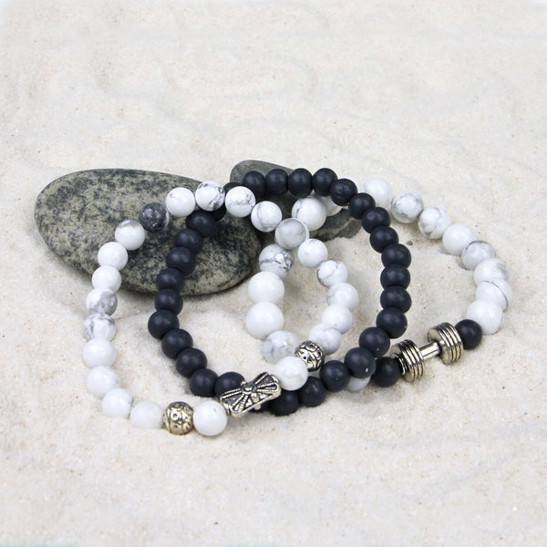 Men's Bracelets Set of 3 Beaded Stretch Bracelets Stack in Marbled White and Greys - M13