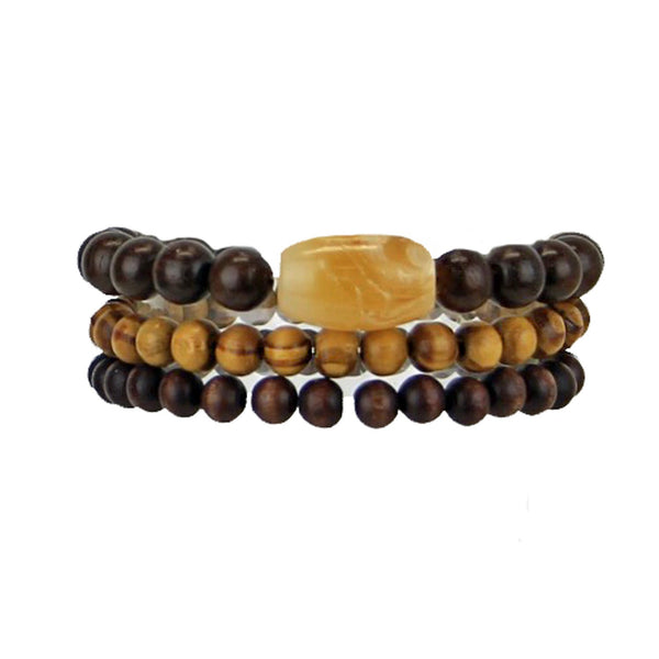Men's Bracelets Set of 3 Beaded Stretch Bracelets Stack Wooden Beads Natural Tones - M17