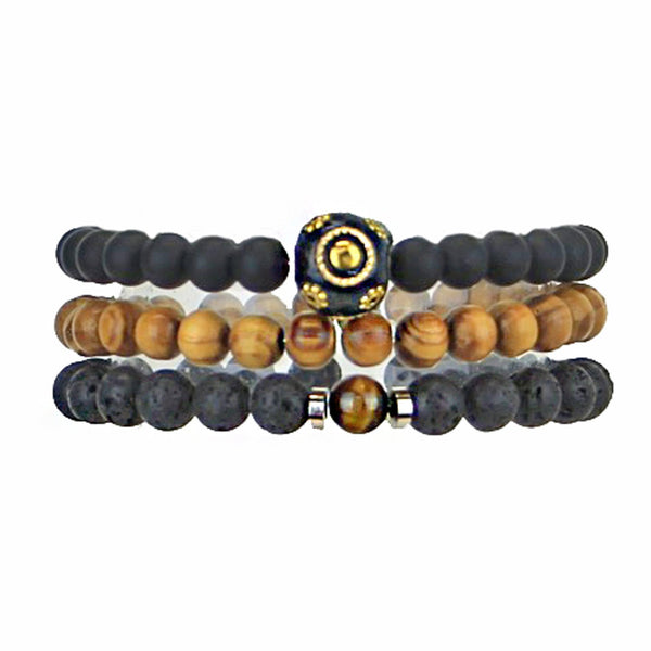Men's Bracelets Set of 3 Beaded Stretch Bracelets Stack in Tones of Black and Natural Wood - M20