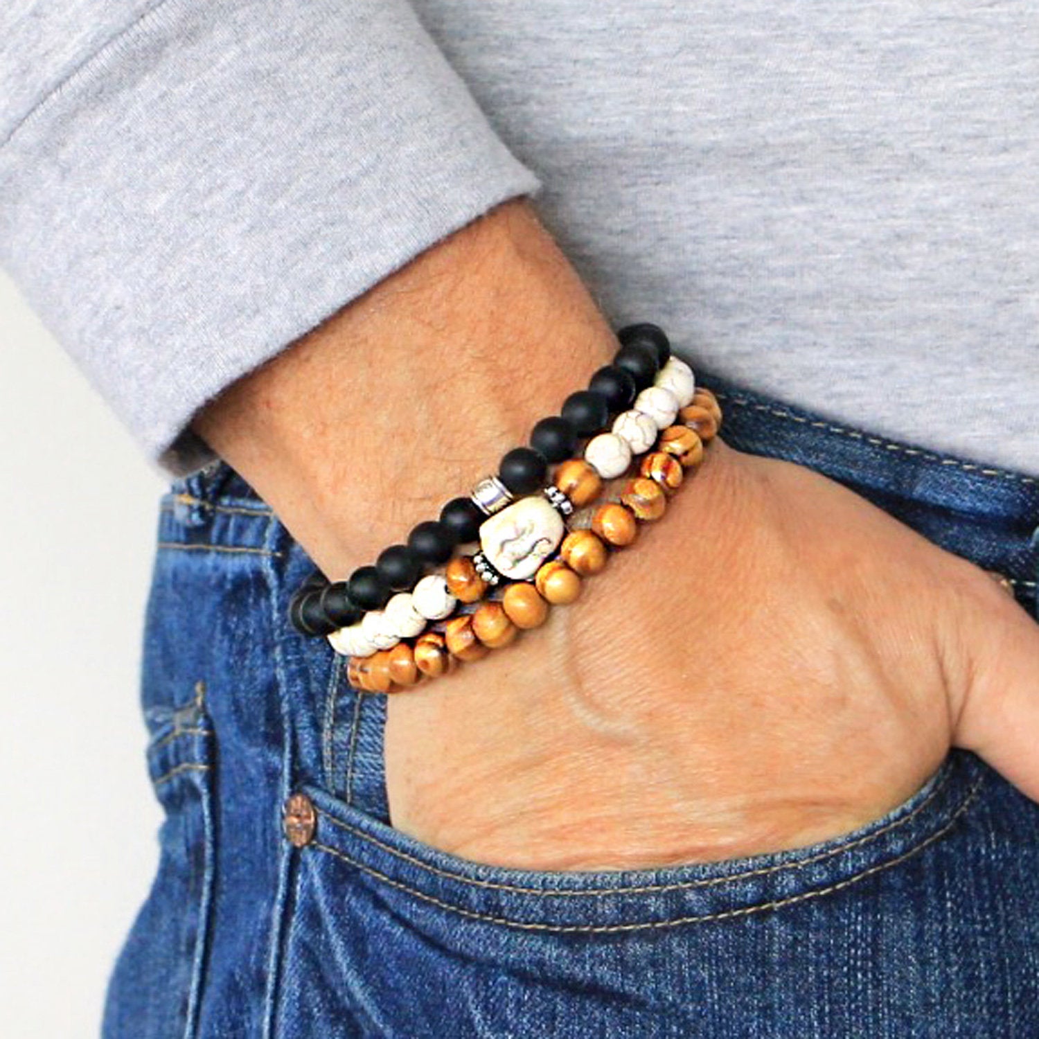 Men's Bracelets Set of 3 Beaded Stretch Bracelets Buddha Yoga Stack - M5