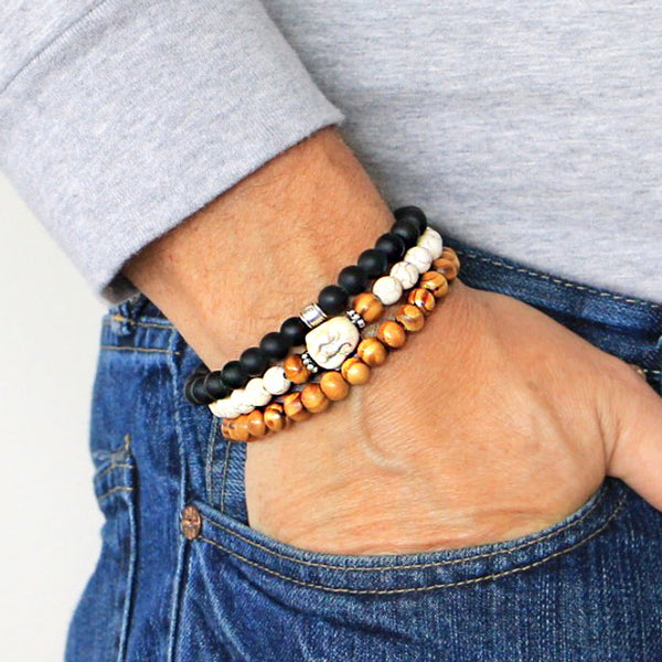 Men's Bracelets Set of 3 Beaded Stretch Bracelets Buddha Yoga Stack - M5