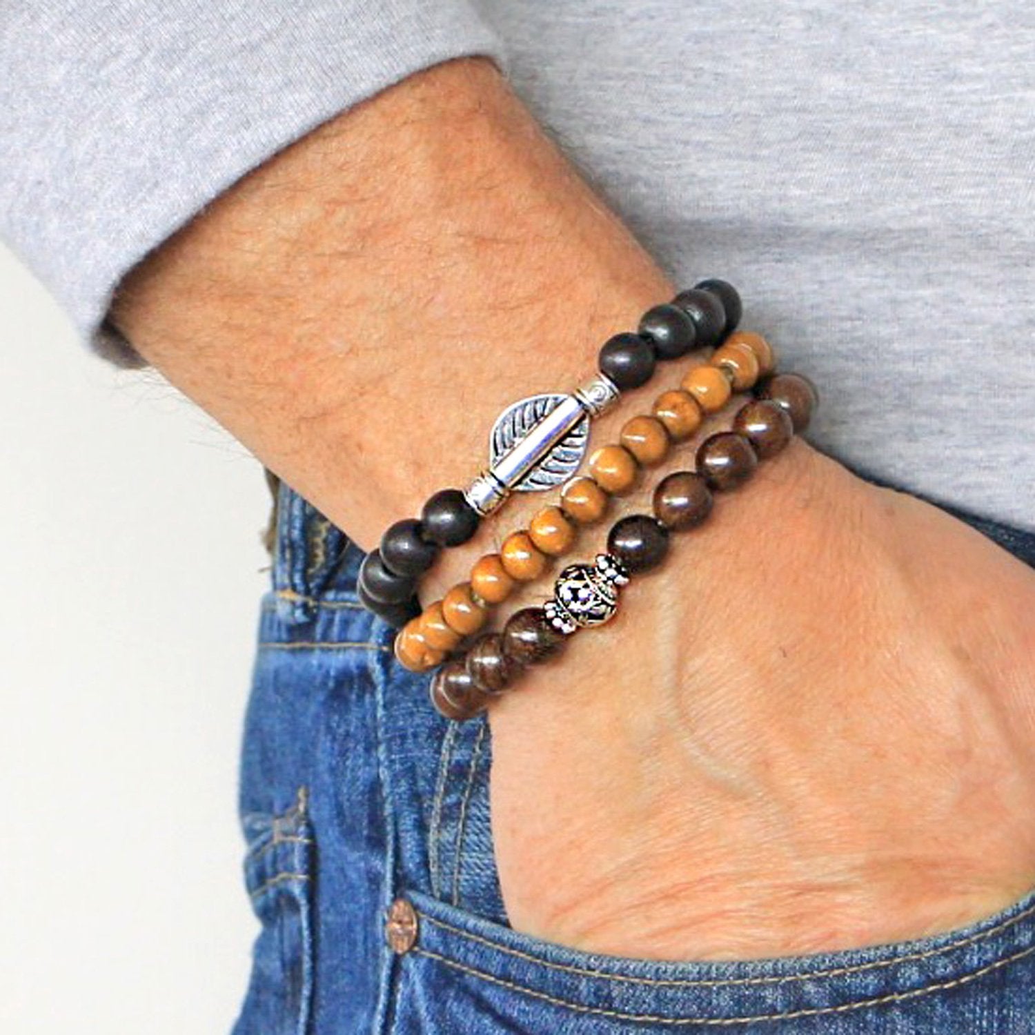 Men's Bracelets Set of 3 Beaded Stretch Bracelets Stack Wooden Beads Natural Tones - M9